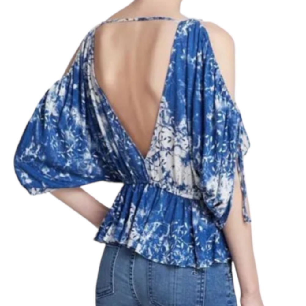 NWT Free People Top Abracadabra Blue Print Vneck Vback Peplum Waist Sz S